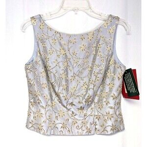 JS Collections Petites 8P Floral Gold Beaded Formal Sleeveless Tank Top Blue